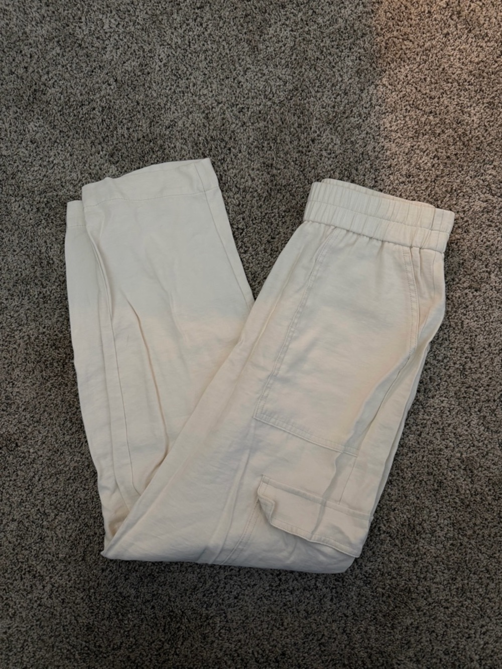 Cream Elastic Waist Cargo Pants